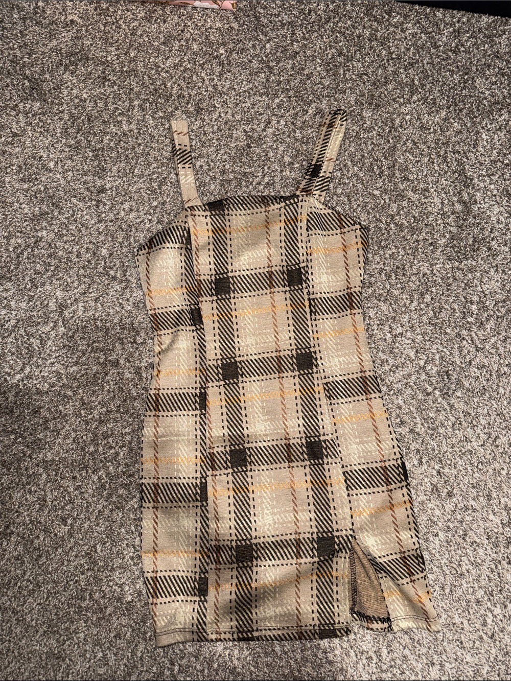 iris Plaid Square-Neck Mini Dress in Beige, Black and Tan